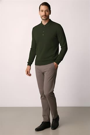 Haki Standart Fit Dar Kalıp Polo Yaka Düz Uzun Kollu  Triko