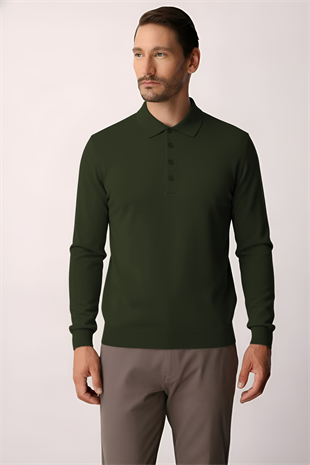 Haki Standart Fit Dar Kalıp Polo Yaka Düz Uzun Kollu  Triko