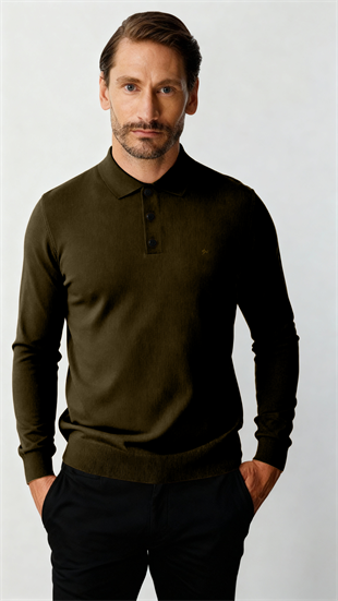 Haki Standart Fit Dar Kalıp Polo Yaka Düz Uzun Kollu  Rayon Triko