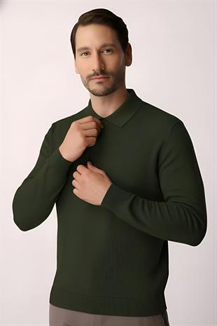 Haki Standart Fit Dar Kalıp Polo Yaka Düz Uzun Kollu  Triko