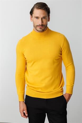 Hardal Standart Fit Dar Kalıp Yarım Balıkçı Düz Uzun Kollu  Triko