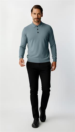 İndigo Standart Fit Dar Kalıp Polo Yaka Düz Uzun Kollu  Triko
