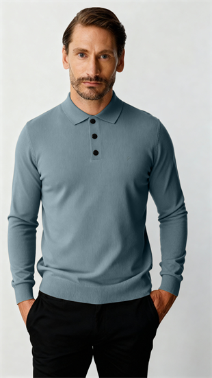 İndigo Standart Fit Dar Kalıp Polo Yaka Düz Uzun Kollu  Triko