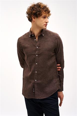 Kahve Dynamic Fit Düğmeli Yaka Düz Uzun Kollu Cepsiz %100 Keten Gömlek
