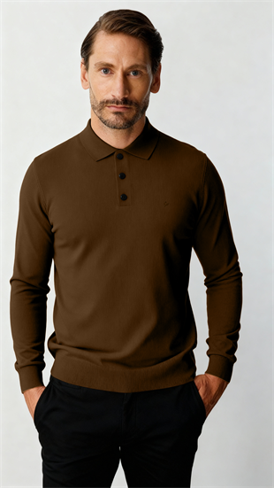 Kahve Standart Fit Dar Kalıp Polo Yaka Düz Uzun Kollu  Triko