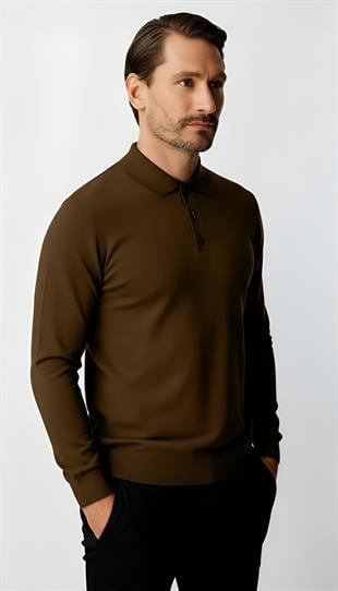 Kahve Standart Fit Dar Kalıp Polo Yaka Düz Uzun Kollu  Triko