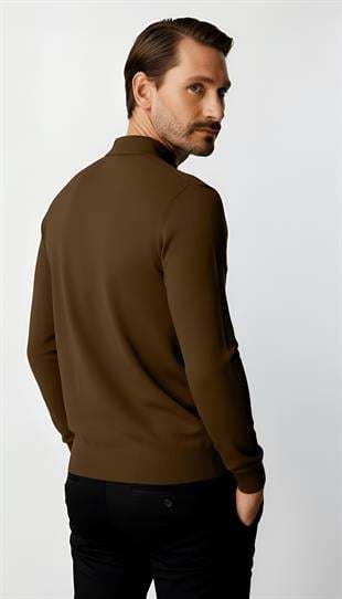 Kahve Standart Fit Dar Kalıp Polo Yaka Düz Uzun Kollu  Triko