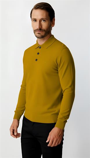 Kehribar Standart Fit Dar Kalıp Polo Yaka Düz Uzun Kollu  Triko