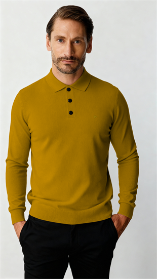 Kehribar Standart Fit Dar Kalıp Polo Yaka Düz Uzun Kollu  Triko