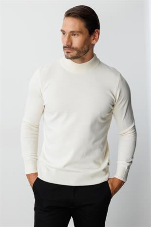 Kemik Standart Fit Dar Kalıp Yarım Balıkçı Düz Uzun Kollu  Triko