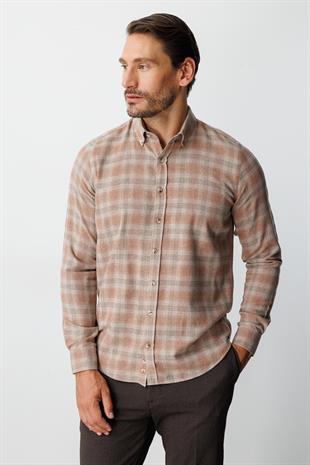 Kiremit Dynamic Fit  Düğmeli Yaka  Ekose Uzun Kollu Pamuklu Gömlek