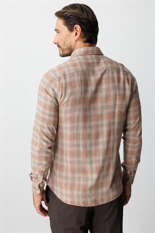 Kiremit Dynamic Fit  Düğmeli Yaka  Ekose Uzun Kollu Pamuklu Gömlek