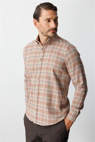 Kiremit Dynamic Fit  Düğmeli Yaka  Ekose Uzun Kollu Pamuklu Gömlek