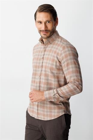 Kiremit Dynamic Fit  Düğmeli Yaka  Ekose Uzun Kollu Pamuklu Gömlek