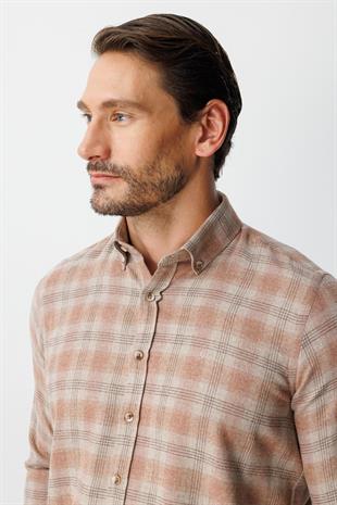 Kiremit Dynamic Fit  Düğmeli Yaka  Ekose Uzun Kollu Pamuklu Gömlek