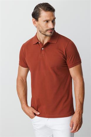 Kiremit Modern Fit Dar Kalıp Polo Yaka Düz Kısa Kollu  %100 Pamuk Tişört