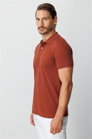 Kiremit Modern Fit Dar Kalıp Polo Yaka Düz Kısa Kollu  %100 Pamuk Tişört