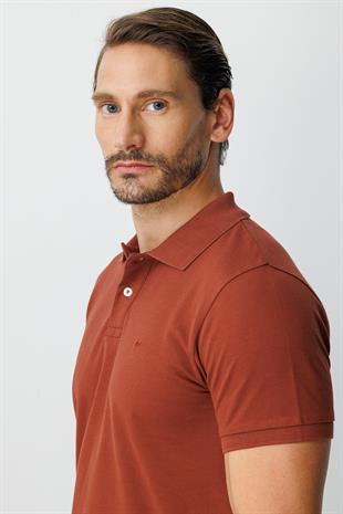 Kiremit Modern Fit Dar Kalıp Polo Yaka Düz Kısa Kollu  %100 Pamuk Tişört