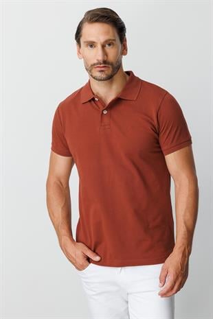 Kiremit Modern Fit Dar Kalıp Polo Yaka Düz Kısa Kollu  %100 Pamuk Tişört