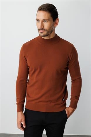 Kiremit Standart Fit Dar Kalıp Yarım Balıkçı Düz Uzun Kollu  Triko