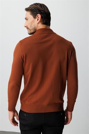 Kiremit Standart Fit Dar Kalıp Yarım Balıkçı Düz Uzun Kollu  Triko