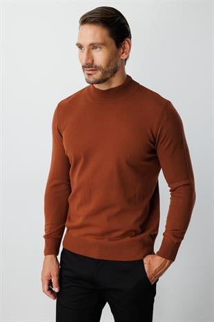 Kiremit Standart Fit Dar Kalıp Yarım Balıkçı Düz Uzun Kollu  Triko