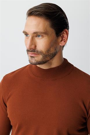 Kiremit Standart Fit Dar Kalıp Yarım Balıkçı Düz Uzun Kollu  Triko