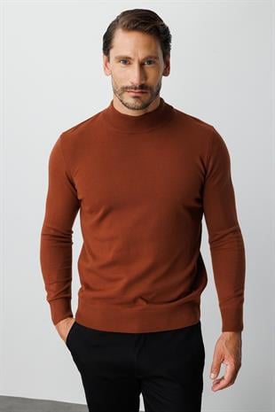 Kiremit Standart Fit Dar Kalıp Yarım Balıkçı Düz Uzun Kollu  Triko