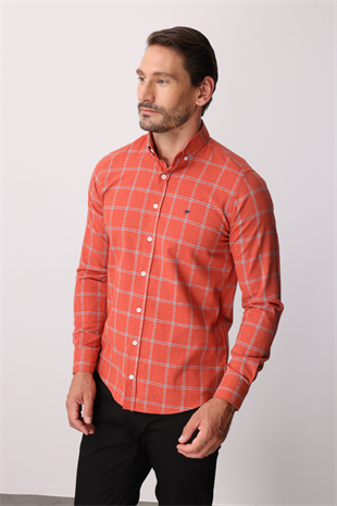 Kırmızı Dynamic Fit  Düğmeli Yaka  Ekose Uzun Kollu Pamuklu Gömlek