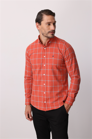 Kırmızı Dynamic Fit  Düğmeli Yaka  Ekose Uzun Kollu Pamuklu Gömlek