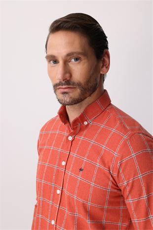 Kırmızı Dynamic Fit  Düğmeli Yaka  Ekose Uzun Kollu Pamuklu Gömlek