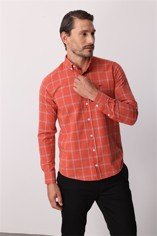Kırmızı Dynamic Fit  Düğmeli Yaka  Ekose Uzun Kollu Pamuklu Gömlek