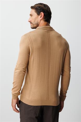 Koyu Bej Standart Fit  Polo Yaka  Düz Uzun Kollu  Triko