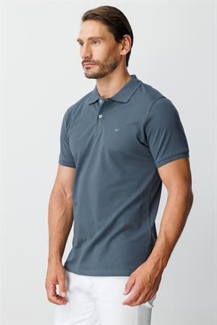 Koyu Gri Modern Fit Dar Kalıp Polo Yaka Düz Kısa Kollu  %100 Pamuk Tişört