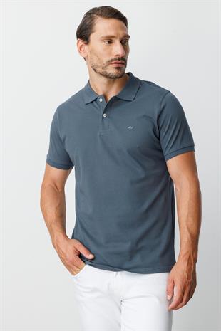 Koyu Gri Modern Fit Dar Kalıp Polo Yaka Düz Kısa Kollu  %100 Pamuk Tişört