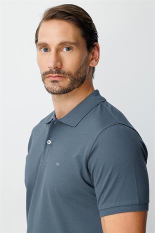 Koyu Gri Modern Fit Dar Kalıp Polo Yaka Düz Kısa Kollu  %100 Pamuk Tişört