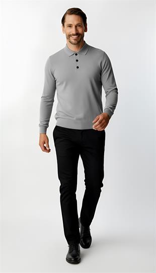Koyu Gri  Standart Fit Dar Kalıp Polo Yaka Düz Uzun Kollu  Triko