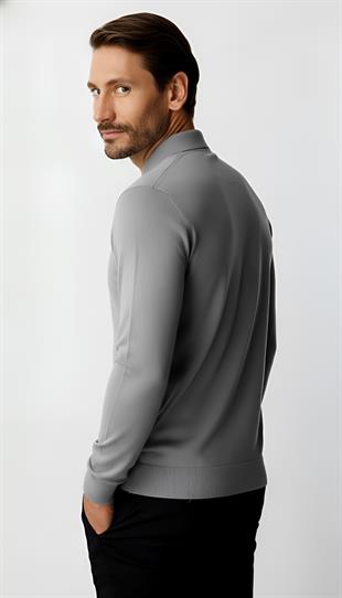 Koyu Gri  Standart Fit Dar Kalıp Polo Yaka Düz Uzun Kollu  Triko