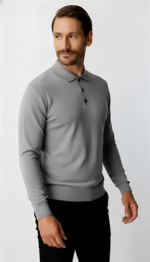 Koyu Gri  Standart Fit Dar Kalıp Polo Yaka Düz Uzun Kollu  Triko