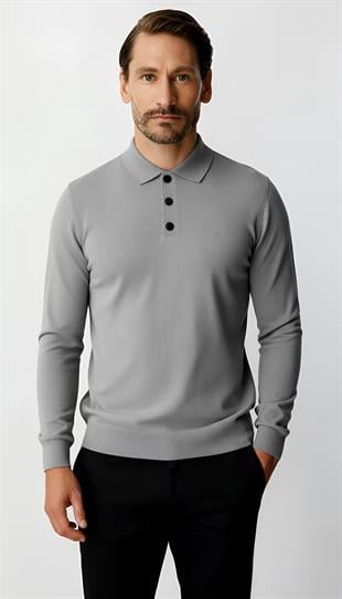 Koyu Gri  Standart Fit Dar Kalıp Polo Yaka Düz Uzun Kollu  Triko