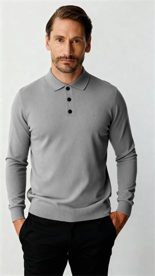 Koyu Gri  Standart Fit Dar Kalıp Polo Yaka Düz Uzun Kollu  Triko