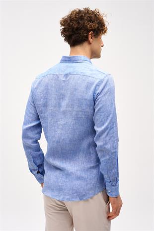 Koyu Mavi  Dynamic Fit Düğmeli Yaka Düz Uzun Kollu Cepsiz %100 Keten Gömlek
