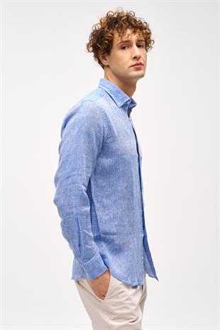 Koyu Mavi  Dynamic Fit Düğmeli Yaka Düz Uzun Kollu Cepsiz %100 Keten Gömlek