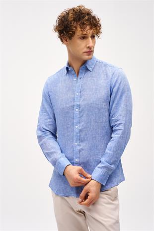 Koyu Mavi  Dynamic Fit Düğmeli Yaka Düz Uzun Kollu Cepsiz %100 Keten Gömlek