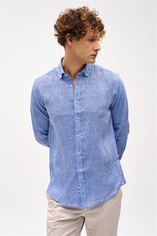 Koyu Mavi  Dynamic Fit Düğmeli Yaka Düz Uzun Kollu Cepsiz %100 Keten Gömlek