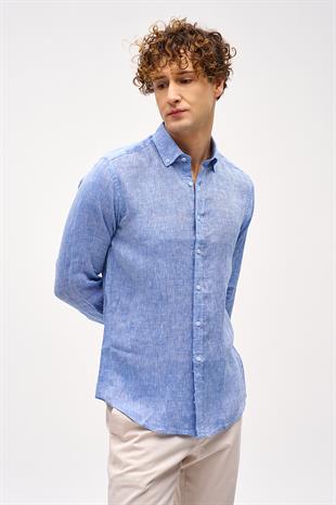 Koyu Mavi  Dynamic Fit Düğmeli Yaka Düz Uzun Kollu Cepsiz %100 Keten Gömlek