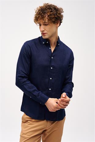 Lacivert Dynamic Fit Düğmeli Yaka Düz Uzun Kollu Cepsiz %100 Keten Gömlek