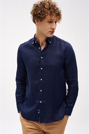 Lacivert Dynamic Fit Düğmeli Yaka Düz Uzun Kollu Cepsiz %100 Keten Gömlek