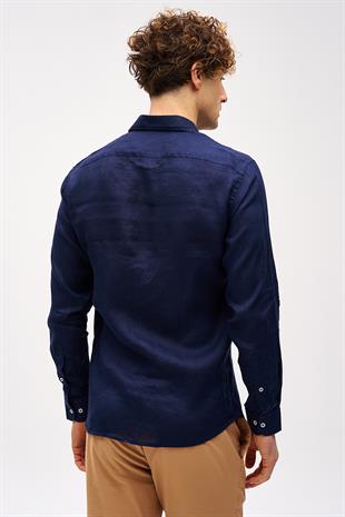 Lacivert Dynamic Fit Düğmeli Yaka Düz Uzun Kollu Cepsiz %100 Keten Gömlek