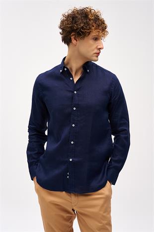 Lacivert Dynamic Fit Düğmeli Yaka Düz Uzun Kollu Cepsiz %100 Keten Gömlek
